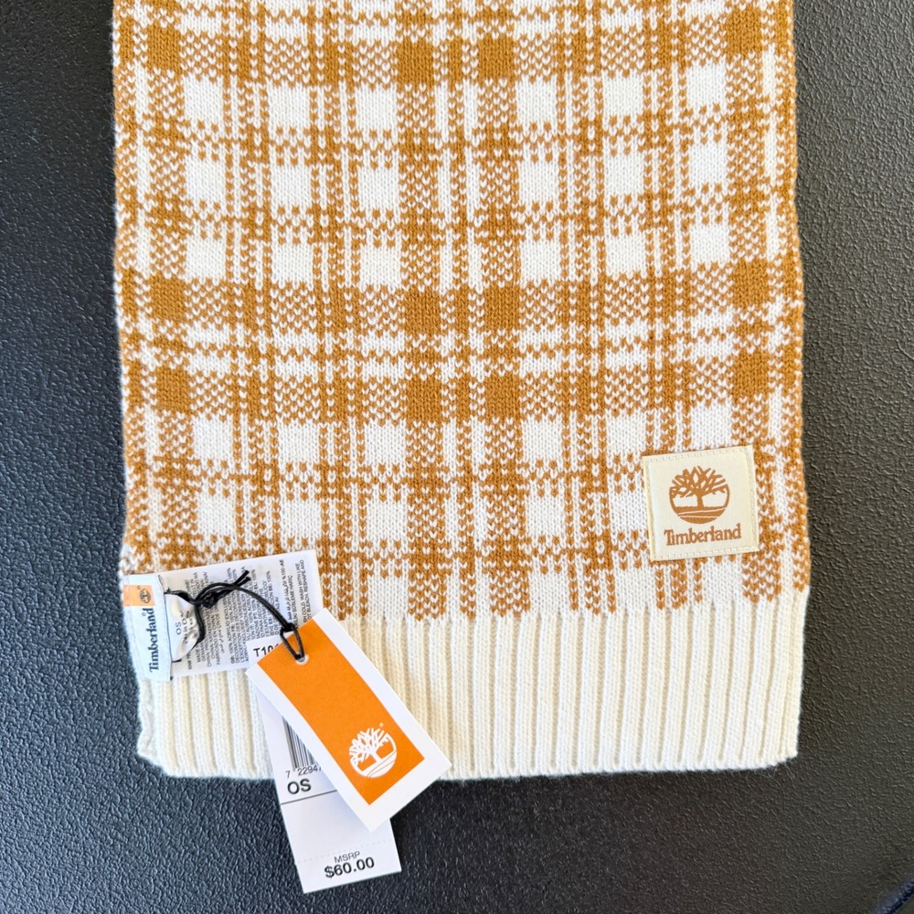 NWT Timberland Scarf Unisex OS Wheat Cream Plaid Knit Winter Logo Patch